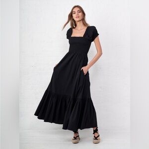 La Ligne / Arielle pinstriped smocked puff sleeve black midi maxi Dress